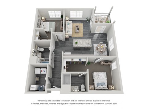 Floor plan for 2 beds, 2 baths, 1191 sqft